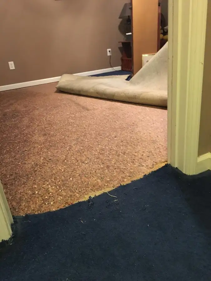Carpet pad removal revealing water damage during Water Mitigation Services in Neosho